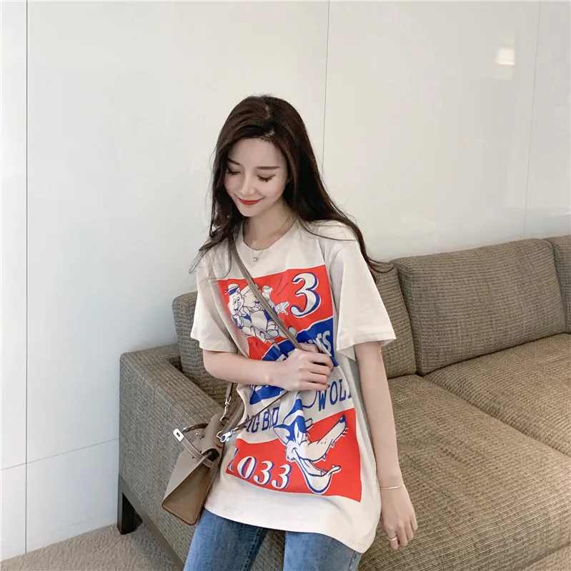 Harajuku Ulzzang Oversize tshirt мультфильм печати короткий рукав футболки корейский стиль Для женщин Свободные Летние Футболка женская Повседневное Топы