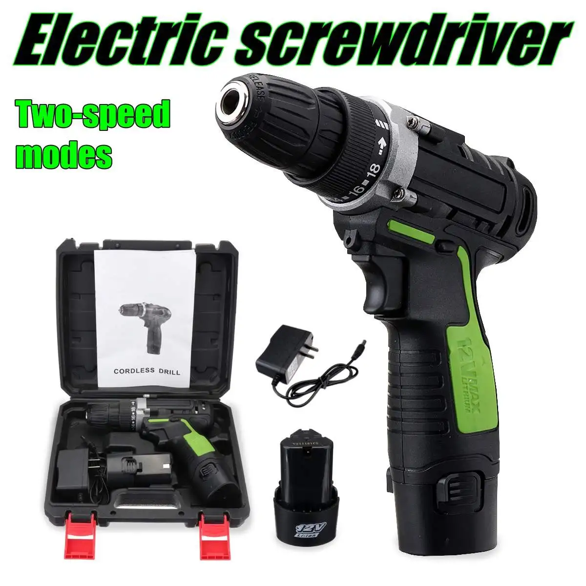 

12V 220V 0-1300rpm Li-ion Battery Rechargable Cordless Electric Screwdriver Double Speed LED Light Electric 1150rmp