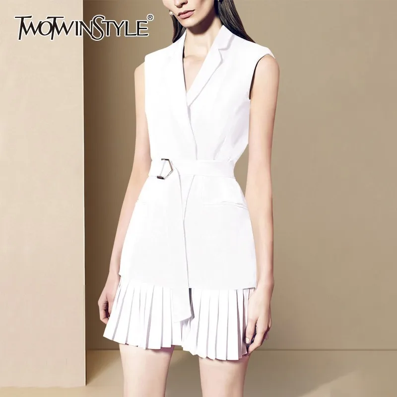 

TWOTWINSTYLE Vintage Off Shoulder Women Dress Lapel Sleeveless Tunic Pleated Mini Dresses Female Spring Elegant 2019 Fashion New