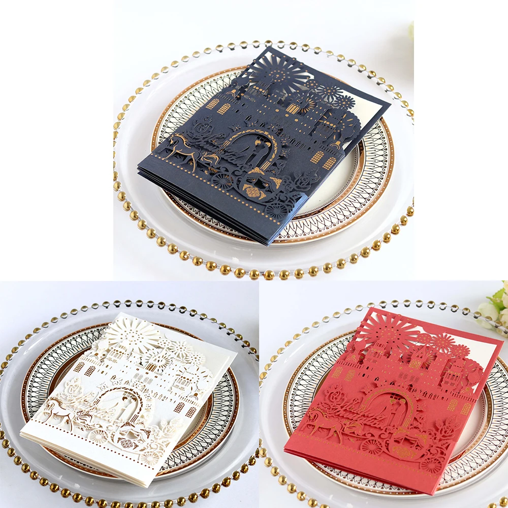  10pcs/lot Wedding Invitations Cards Laser Cut Castle Greeting Card Event Party Supplies 3 Colors Ho - 32997717227