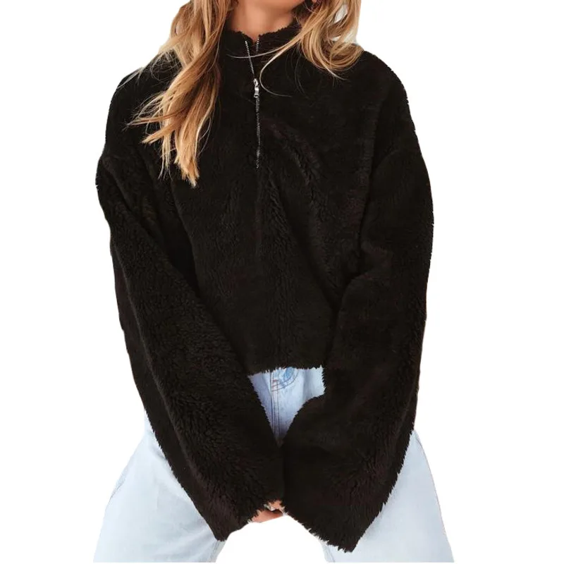 Autumn Winter Long Sleeve Casual Sweatshirts Warm Plush Hoodies Turtle Neck Zipper Faux Fur Women Outwear Pullover Streetwear | Женская