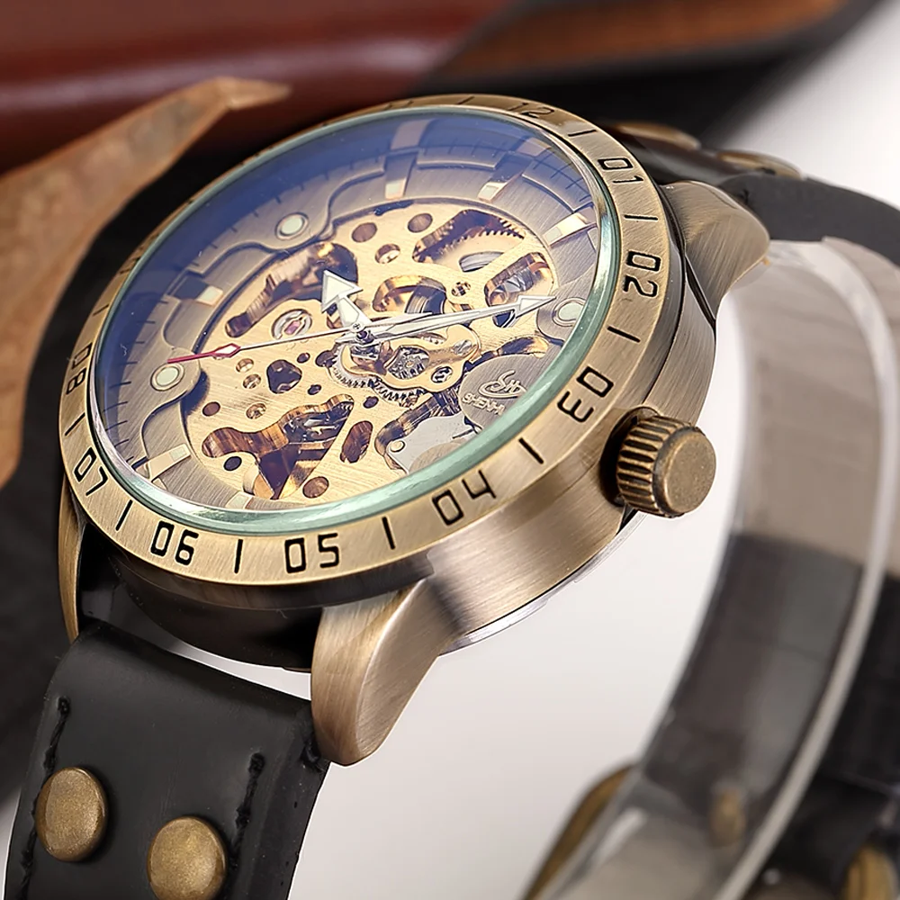 

Automatic Watch Men Top Brand Luxury Mechanical Bronze Skeleton Steampunk Wrist Watches Self-winding Leather Band Male Clock