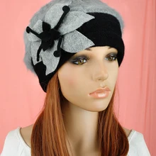 M610 милый цветок зима теплый серый мех кролика и шерсть с черными полями модное женское платье шляпа бини Кепка выбрать цвет