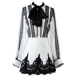 2019 весна женские наборы Элегантный черный кружево рубашки с вышивкой блузки для малышек и трапециевидной формы юбка комплекты из двух