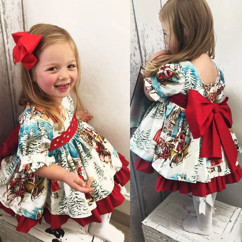 Рождественское платье-пачка для маленьких девочек; праздничное платье принцессы с красным бантом для дня рождения; кружевное платье; детская одежда; рождественские костюмы