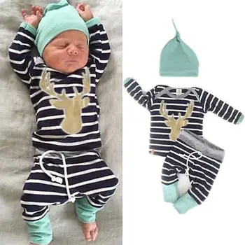 

Newborn Baby Boy Girl Long Sleeve Tops +Long Pants Hat 3PCS Outfits Set Clothes