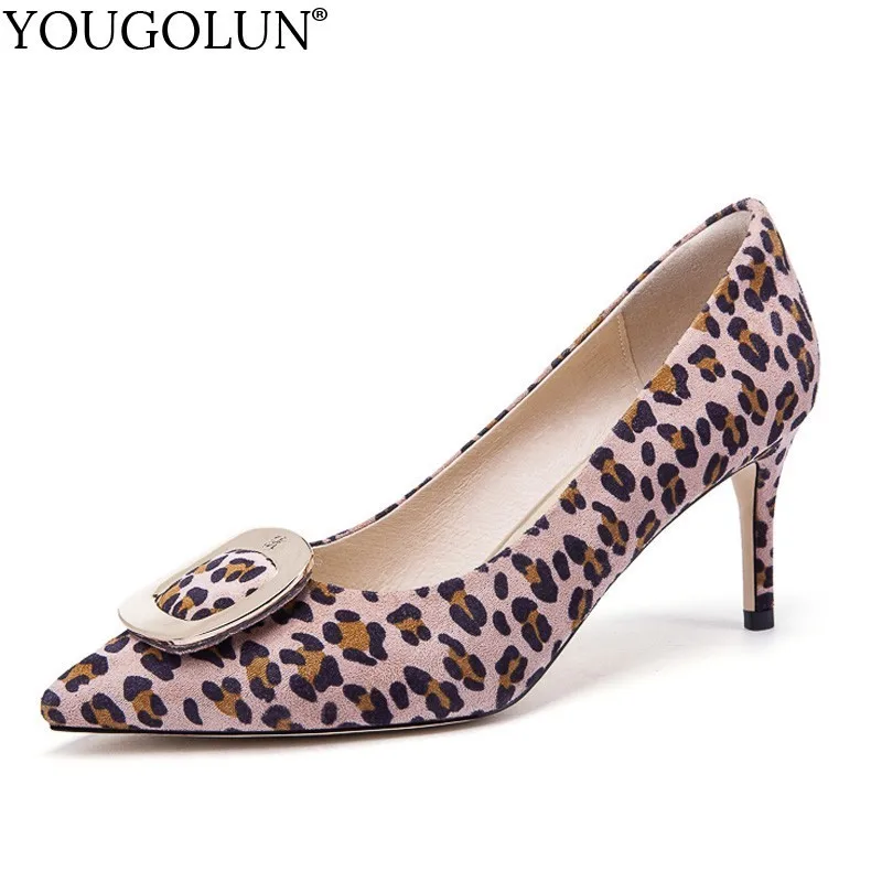 

Women Leopard High Heels Fashion Pigkkin Leather Thin Heels Pumps Elegant Woman Pink Brown Pointed toe Party Shoes YOUGOLUN A105