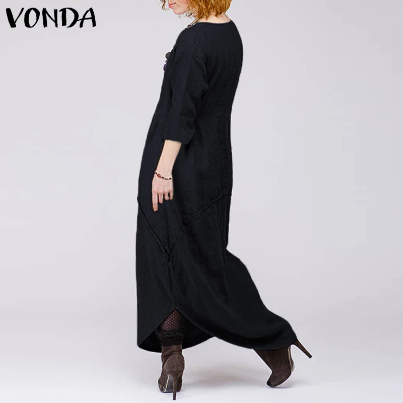 VONDA размера плюс, женское длинное платье макси, осень, повседневное, свободное, о-образный вырез, пэтчворк, черные платья, Ретро стиль, длина до лодыжки, Vestidos