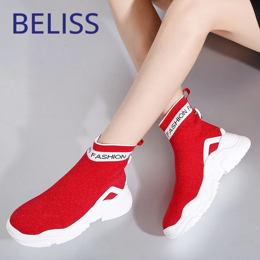 

BELISS 2018 women sock boots high platform ankle boots wedges round toe running shoes comfortable sneakers women sports B74