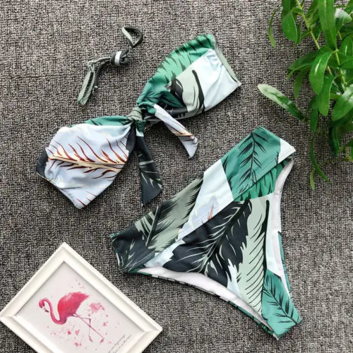 

Fresh Tree Print Women Bandage Push Up Bikini Set Swimwear Brazilian 2Pcs Bathing Suit Swimsuit