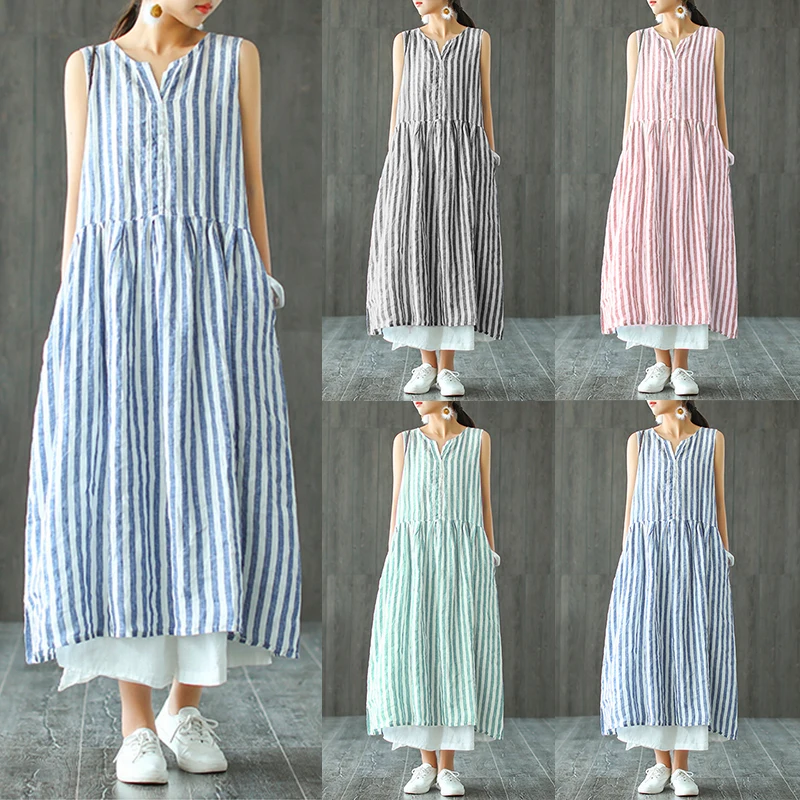 

ZANZEA Summer Sleeveless Dress 2019 Elegant Work Striped Long Shirt Vestido Women Casaul V-neck Blue Long Maxi Vest Tank Dresses