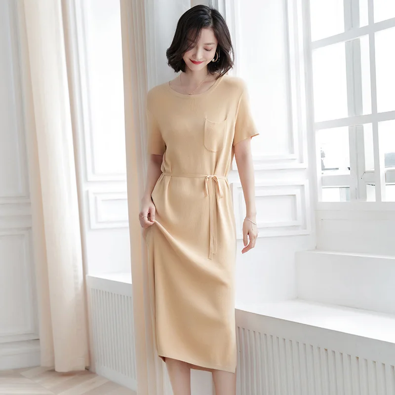 Длинное трикотажное платье в Корейском стиле, тонкое трикотажное платье высокого качества, 2019 летнее модное платье feminino, весеннее платье