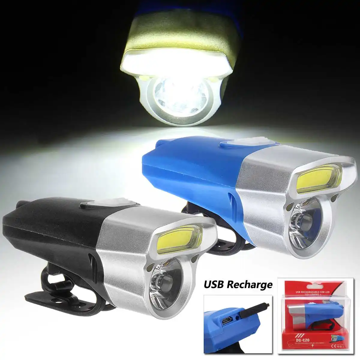 

USB Bike Light COB LED Bicycle Lights With Rechargeable Battery Cycling Front Light +Handlebar Mount