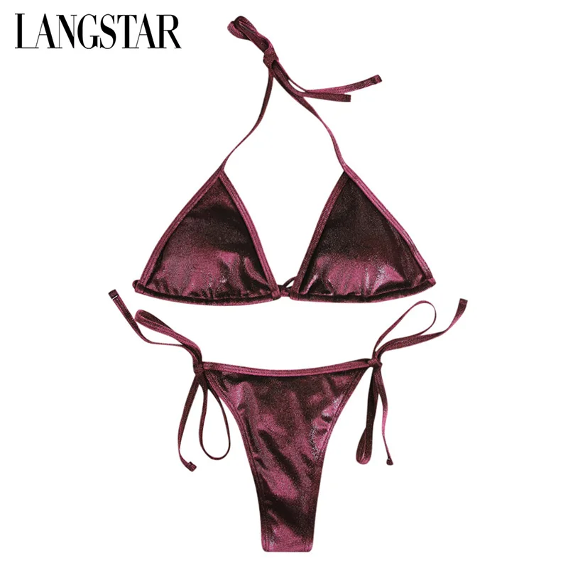 

LANGSTAR Sequins Push-up Padded Bra Monokini Two-pieces Halter Lace-up Bandage Bikini Ring Swimsuit Triangle Swimwear Bathing