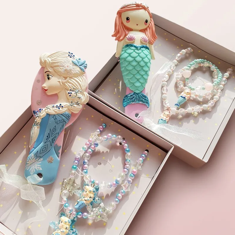 Disney Comb Princess Air Cushion Comb Set Cartoon 3D Stereo Frozen Elsa Ariel Comb Girl Headwear Hair Ring Accessories Set