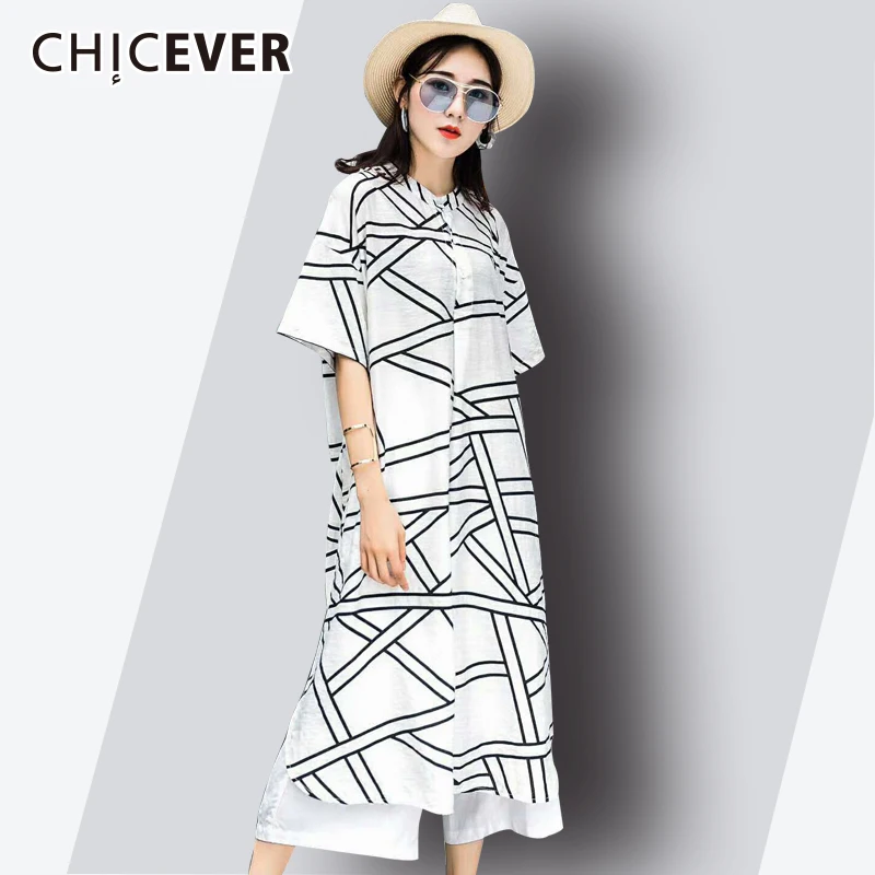 

CHICEVER 2019 Summer Hem Split Women's Shirt Blouses Geometric Patterns Short Sleeve Loose Big Size Shirts Clothes Fashion New