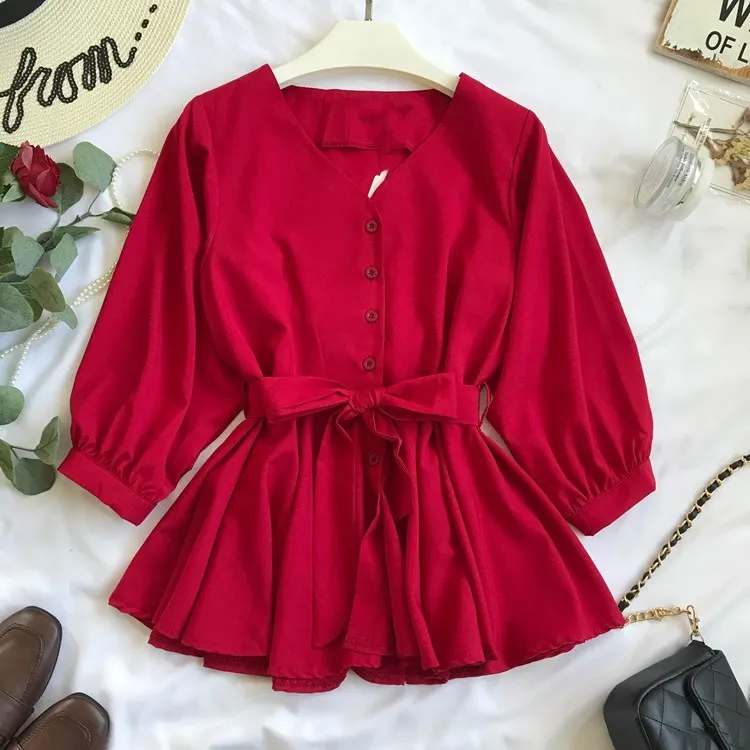 

Women V-Neck Pleated Office Lady Shirt Lantern Sleeve Spring Summer Fashion Elegant Top 2019 Solid Single Breasted Blouse