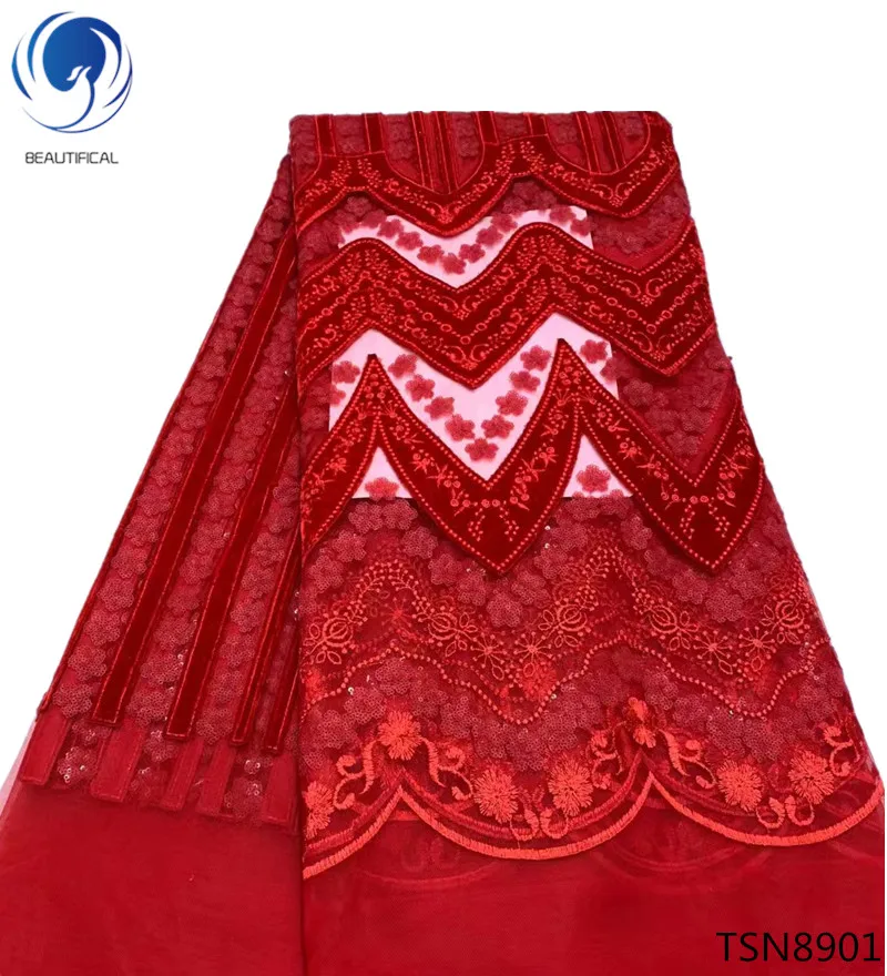 

BEAUTIFICAL Red french african tulle lace fabrics with velvet lace 5 yards african tulle fabric for nigeria wedding TSN89