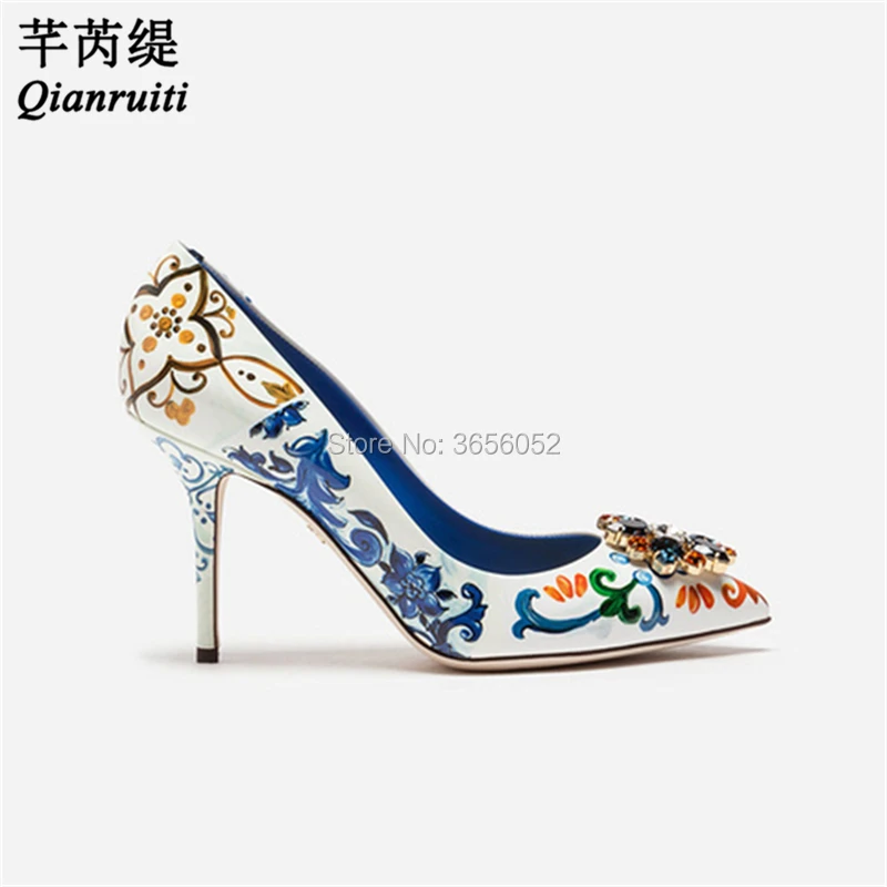 

Qianruiti Sapato Feminino Black White Blue Pink Rose Prints Luxury Women High Heels Pumps Diamond Studded Crystal Bridal Shoes