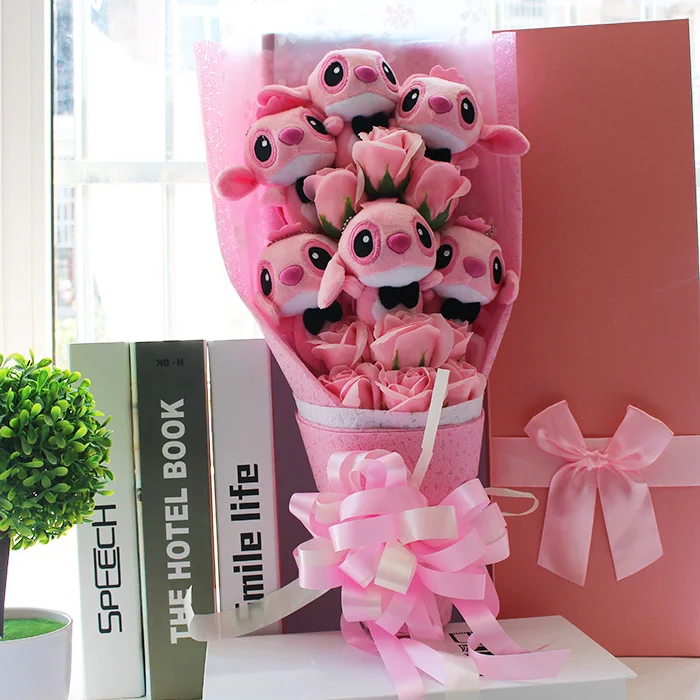 

Hot Lovely Cartoon Plush Toys Stitch Festivals Gift Bouquet with Fake Flowers For Valentine's Day Wedding Party Decora