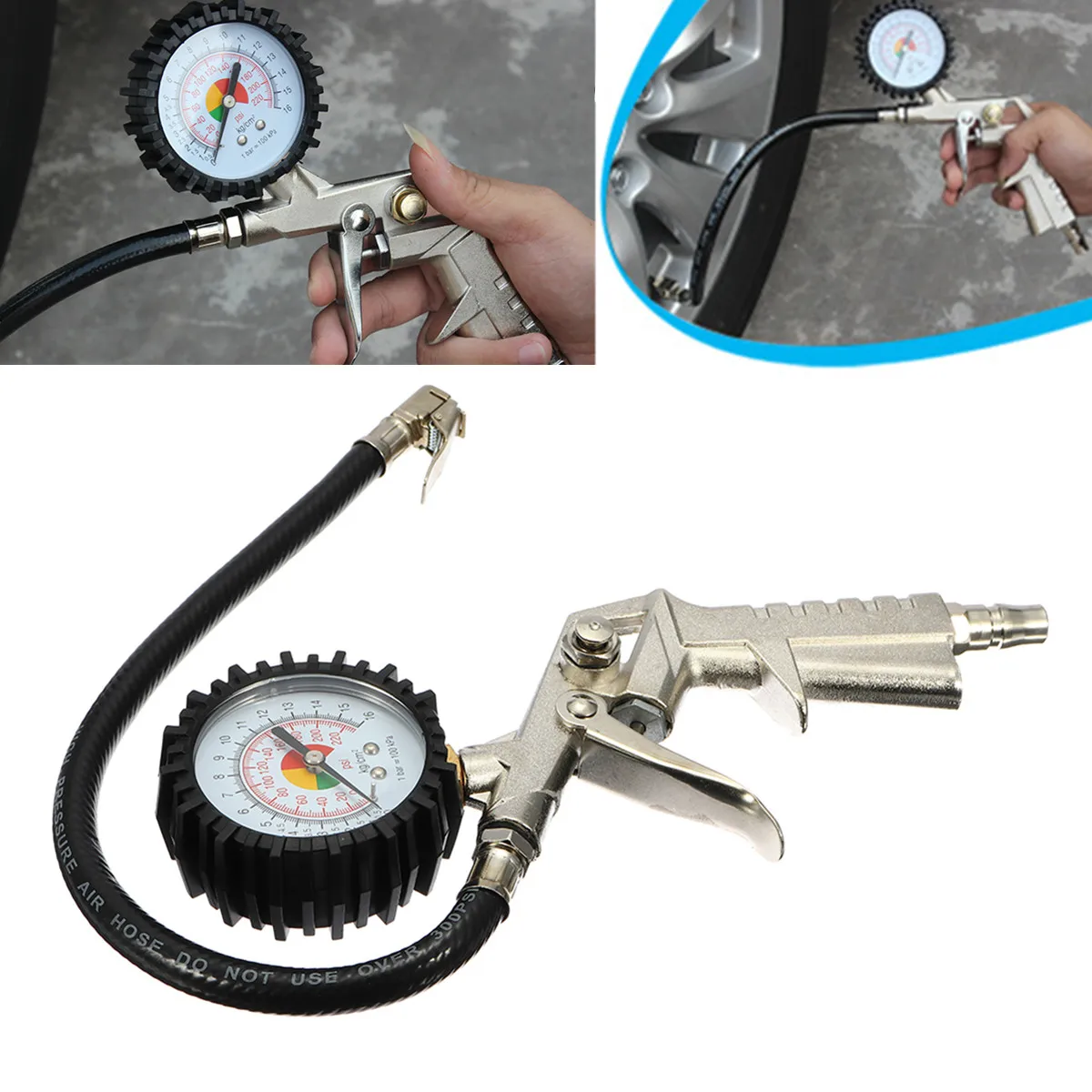 

Pistol Grip Trigger Gauge Car Air Tire Tyre Inflator Air-bleed Button Self-locking Head Shockproof Rubber Built-in Relief Valve