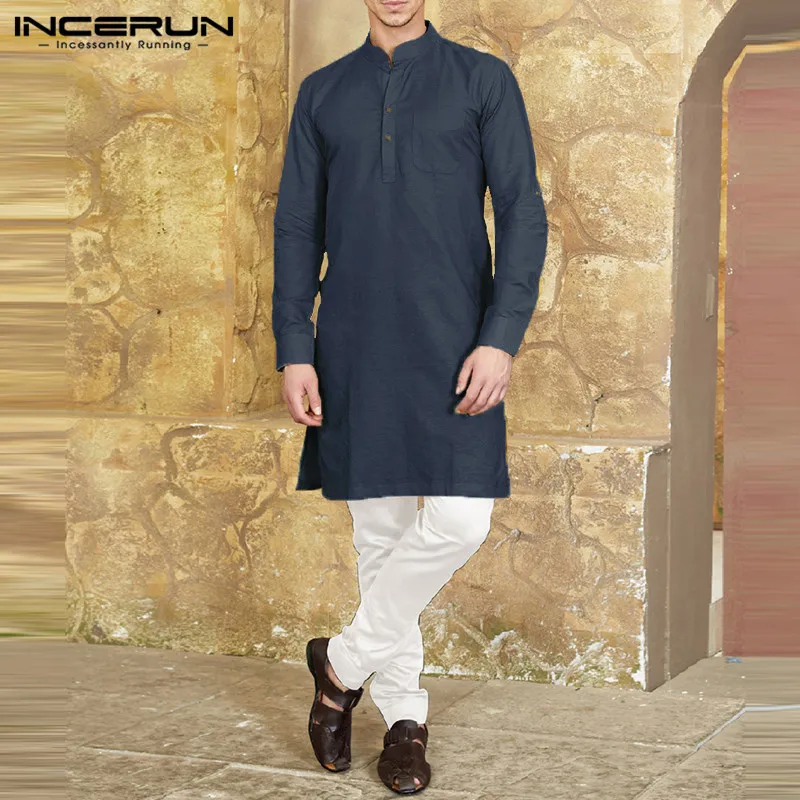 INCERUN, мужская рубашка со стоячим воротником, с длинным рукавом, на пуговицах, хлопок, однотонная длинная рубашка, повседневный индийский костюм, Мужская мусульманская одежда