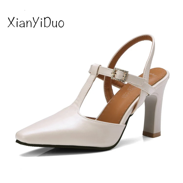 

Xianyiduo 2019 new summer Women's Shoes Sandals high heels T-tied Closed toe Crystal Beige Yellow Green plus size 40-46/18-30