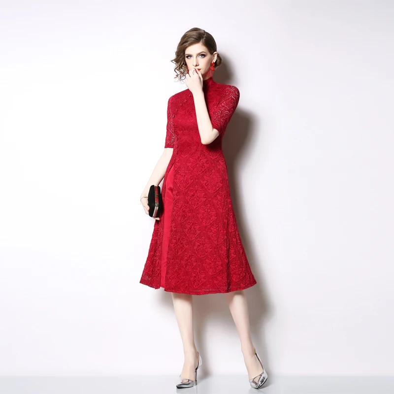

Runway Dress 2019 quality Mesh Embroidery Flowers lace Women vintage elegant jacquard Dresses hollow out