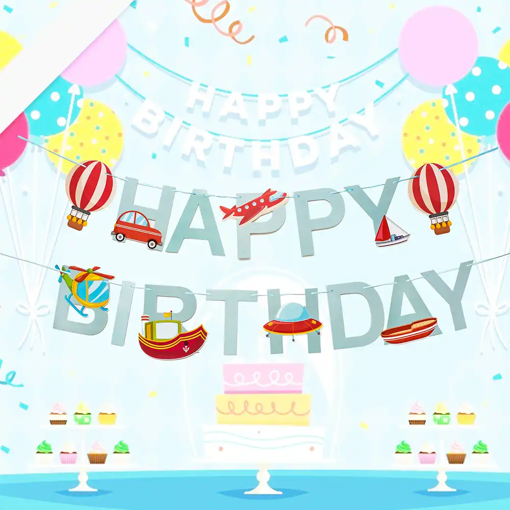 Happy Birthday Cartoon Birthday Party Banner Bunting Vehicle