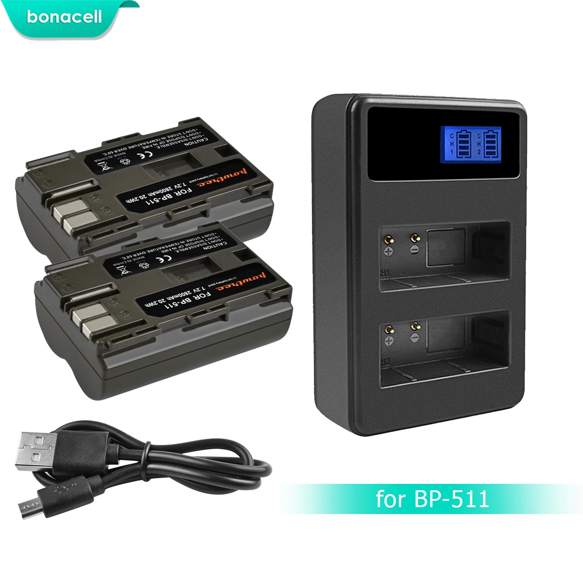 

Bonacell 7.2V 2800mAh BP-511 BP-511A BP 511A Battery+LCD Dual Charger For Canon EOS 40D 300D 5D 20D 30D 50D 10D G6 L10