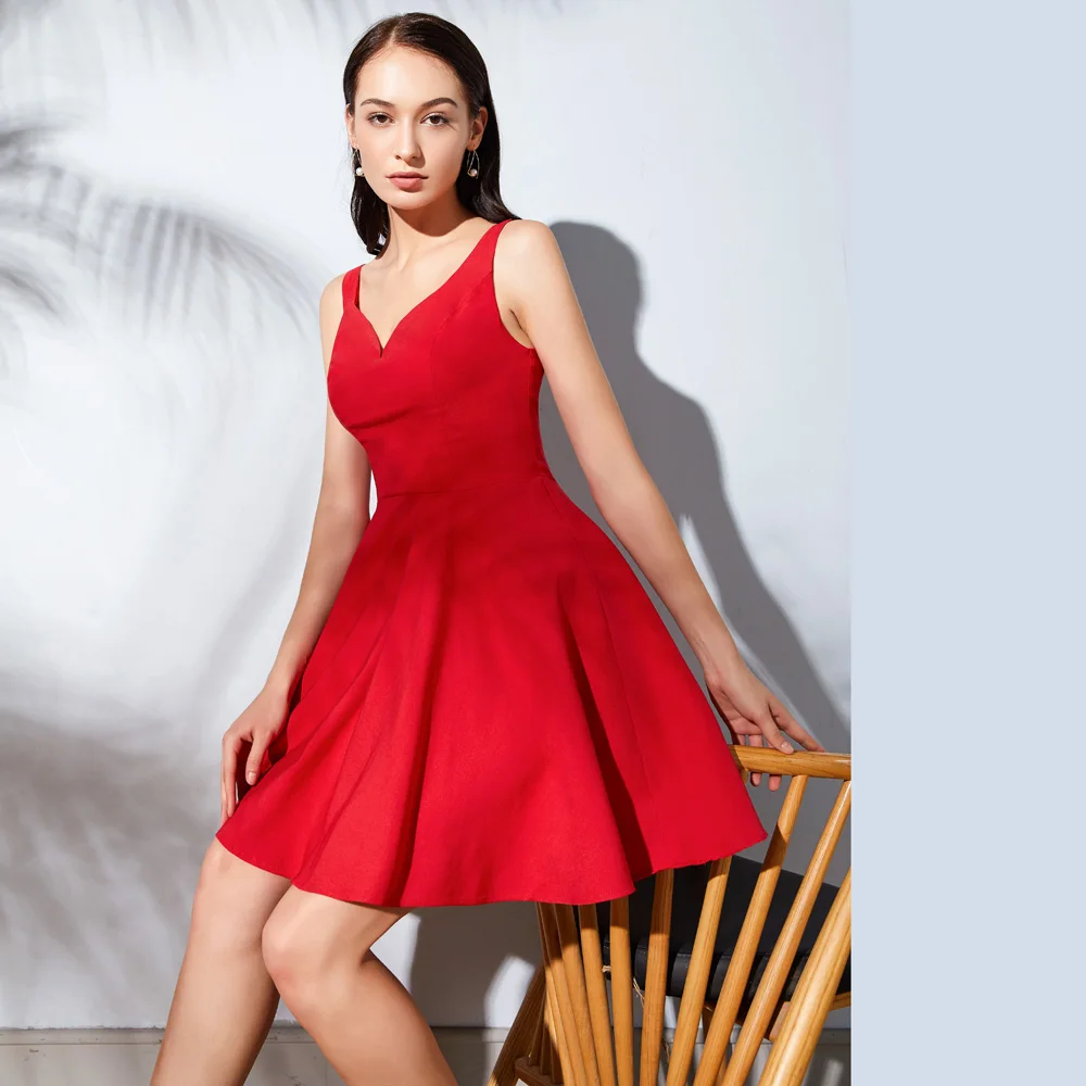 

GK elegant ladies dresses summer Solid Color Sleeveless Deep V-Neck U-Back vintage vogue knee length Flared A-Line Dress vestido