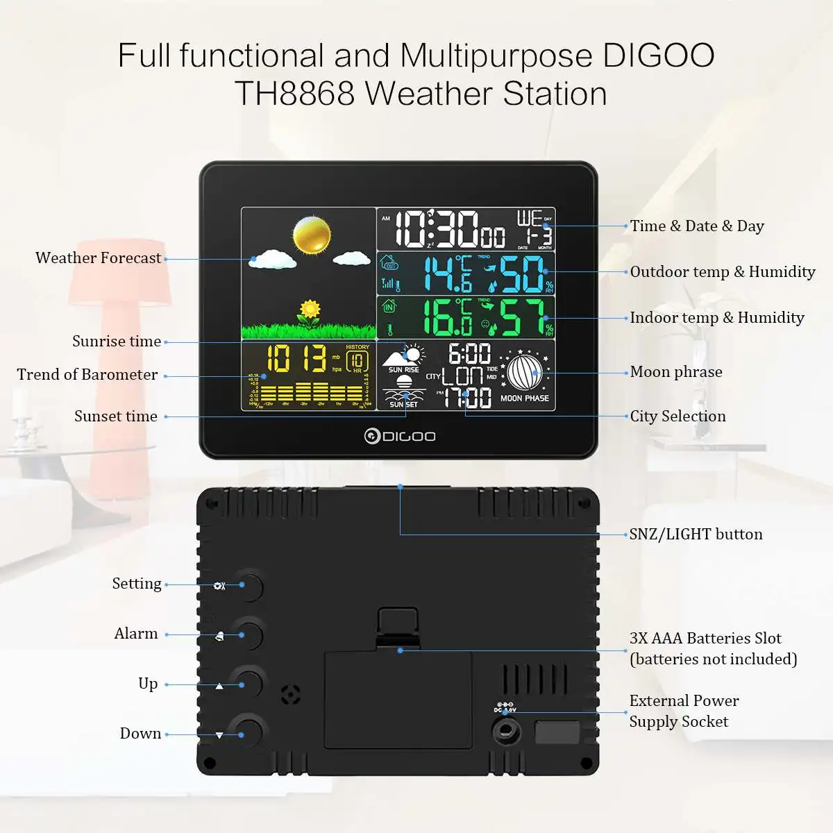 Digoo беспроводной большой экран цифровой наружный термометр температуры и влажности гигрометр Метеостанция датчик погоды AlarmClock