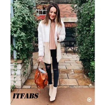 

Trendy Patchwork Faux Fur Coat Women Long Sleeve Knitted Fluffy Cardigan Outwear Coat Jacket