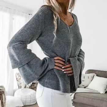 

Autumn Winter New Style Sweaters for Women Layered Ruffled Sleeve V NECK Warm Knitted Sweater Loose Top Feminina Sueter