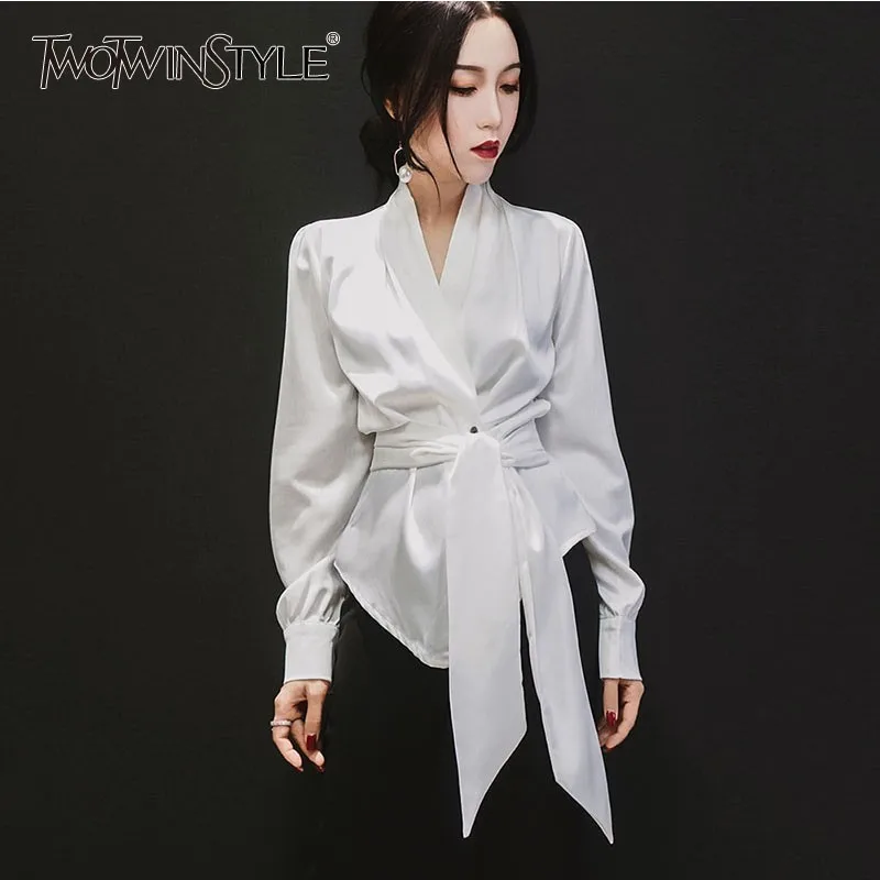 

TWOTWINSTYLE Spring Womens Shirts Blouse V Neck Long Sleeve Tunic Bowknot Bandage Tops Female Ladies OL Fashion 2019 Clothes