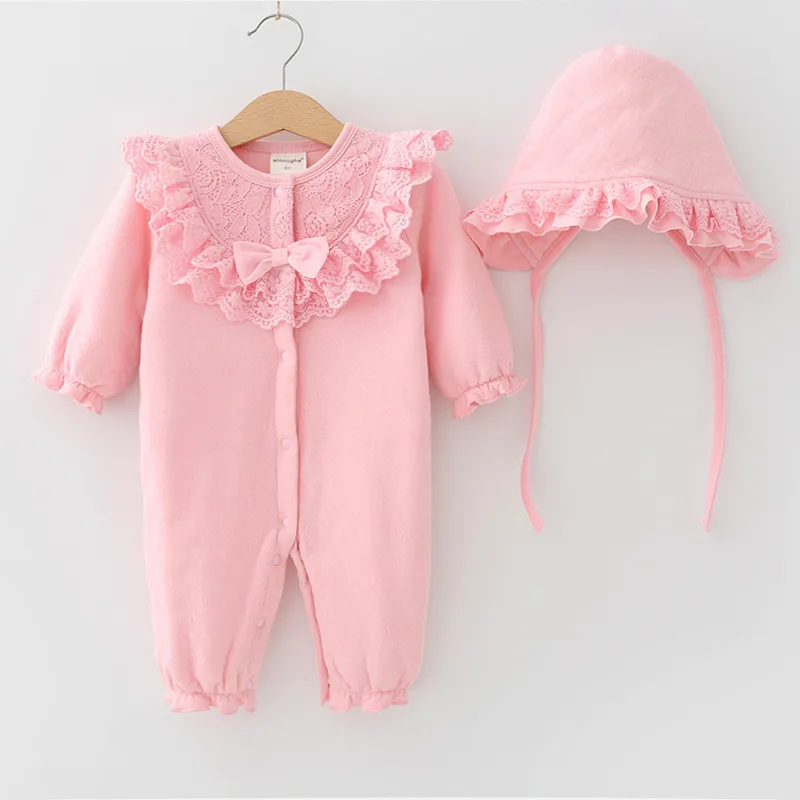 

Winter Newborn Cothes Cotton Thicken Warm Jumpsuit Costume Lace Princess Girls Bodysuit + Hats Outwear