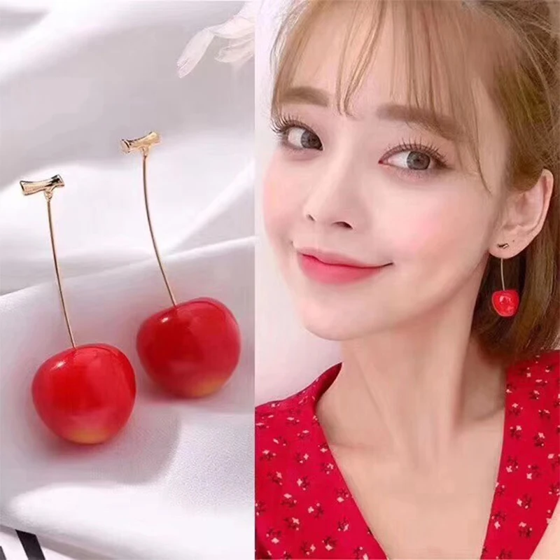

2019 New Arrival Dangle Bohemian 1Pair Red Cherry Exquesite Fruit Valentines Gift Drop Earrings Resin Cute/romantic Round Korean