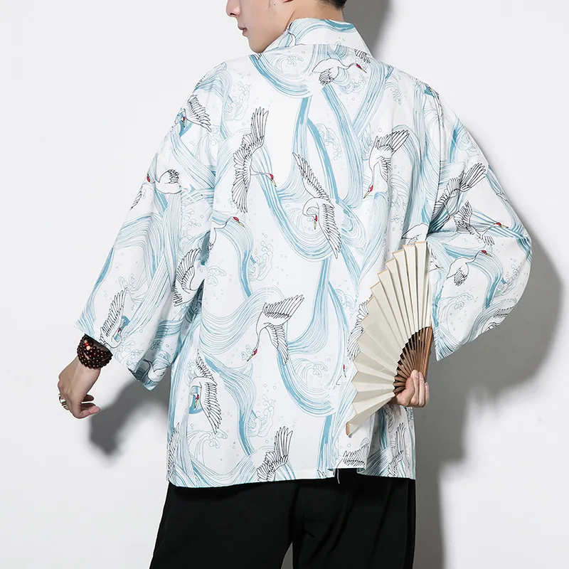 Chinese Kimono Cardigan Thin Men Open Kimono Summer Linen Jacket Mens Traditional Streetwear Printing Jackets Clothes 2019 5XL