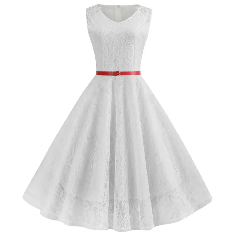 

Party White Lace Dress Elegant Evening Women Hook Flower Red Sexy Robe Vintage 50s A Line Swing Ladies Black Summer Midi Dresses