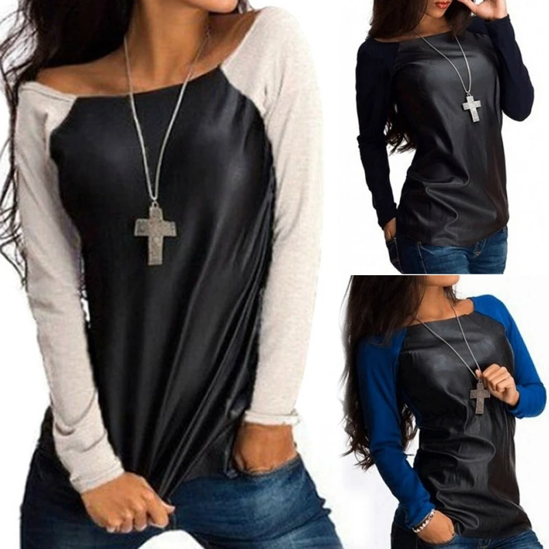 

Pu Leather T Shirt Patchwork New Sexy Round Neck T Shirt Women Casual Loose Long Sleeve Shirt Women Basic Tops S M L XL