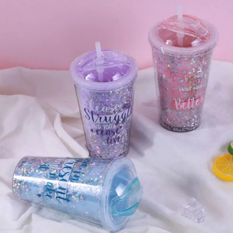 

Eco-Friendly Coffee Bottle AS Glitters Plastic Double Layer Straw Bottle Graffiti Stars Slip Lid drinking straw bottle #CO