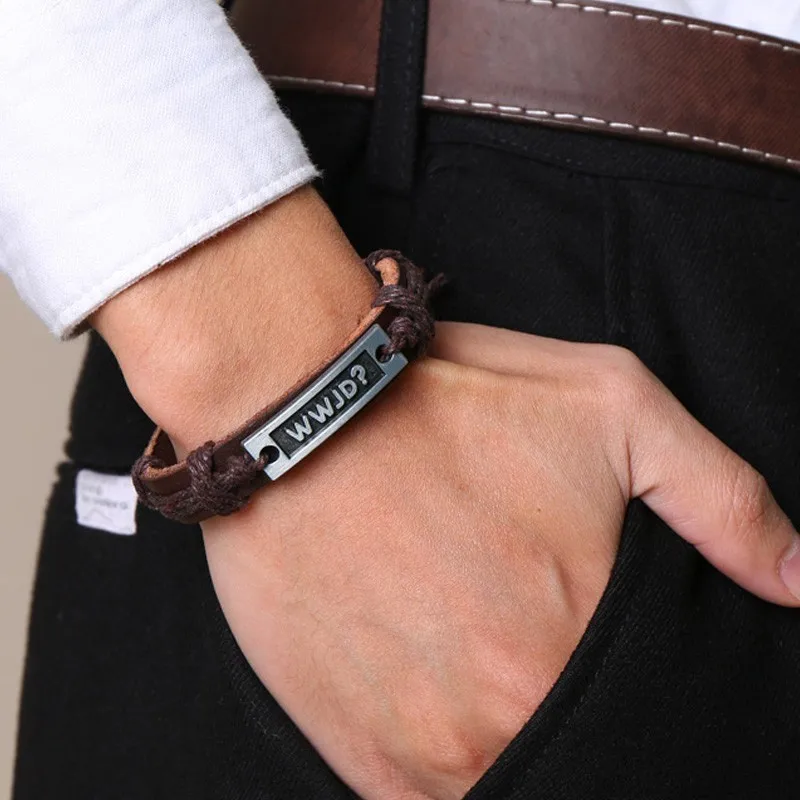 WWJD Bracelet Handmade Rope Chain What Would Jesus Do Leather Bangle