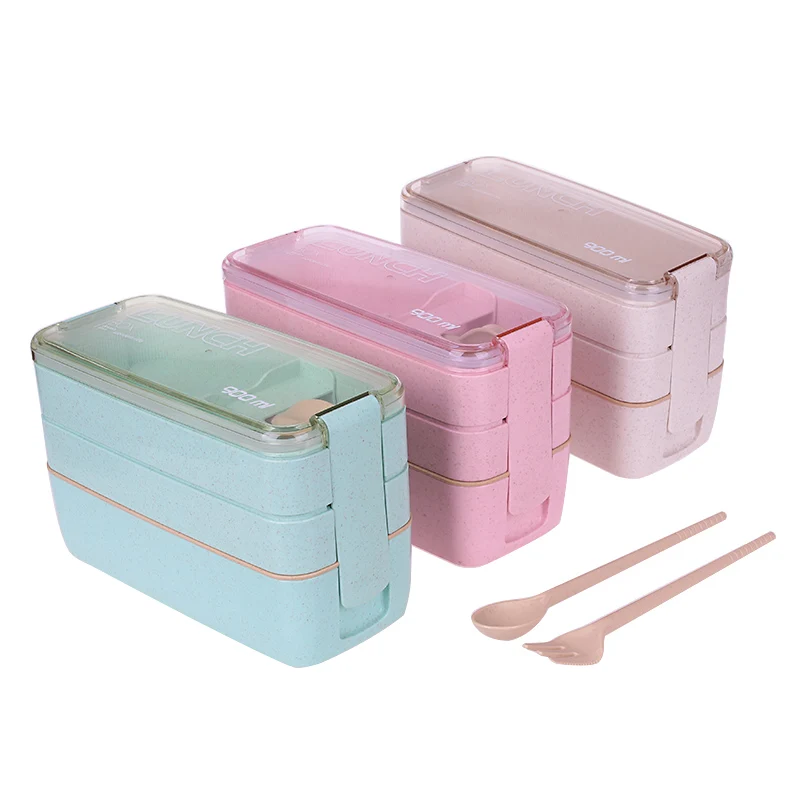 

3 Layer Green Wheat Straw Lunch Box Microwave Oven Dinnerware Kids Adults Food Storage Container Stackable Lunchbox