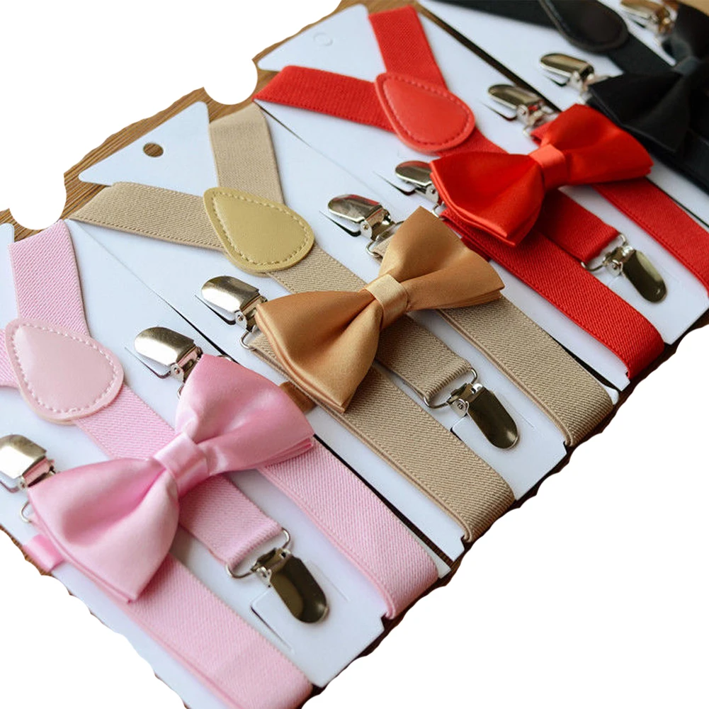 

Men Women Elastic Suspenders & Bow Tie Matching Sset Tuxedo Suit Unisex Bowtie Boys Girls Anti-lost Strap clip 8 Colors