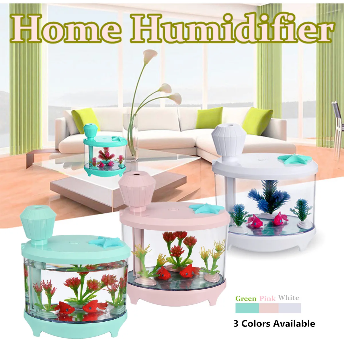 

5V USB Fish Tank Shaped Humidifier Air Diffuser Purifier Aroma Mist Maker LED Light for Bedroom Study Office Living Room Colors