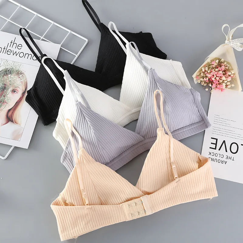 

2019 striped cotton double-breasted girl underwear bra vertical thread wrapped chest bottom without rim underwear strap cotton