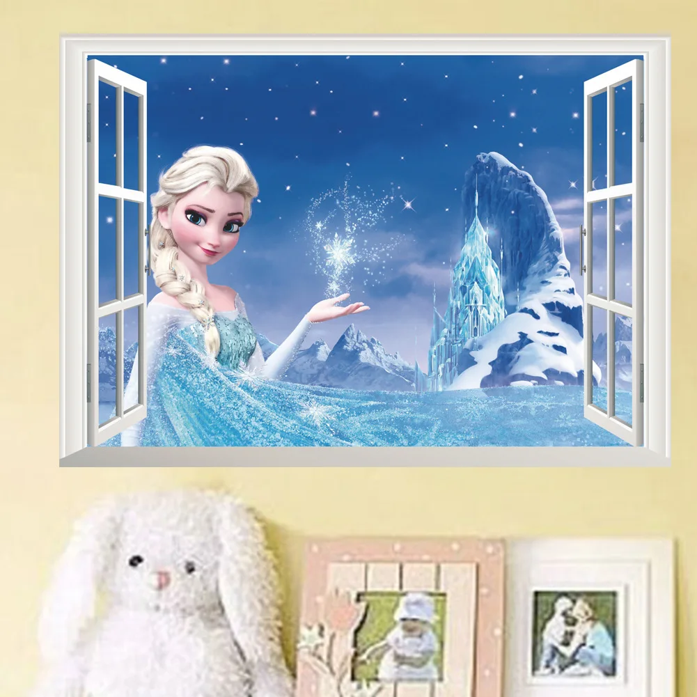 

Cartoon Frozen Elsa Anna Princess 3d Window Wall Stickers for Girls Children Room Decoration Removable Kids Bedroom Poster Decal