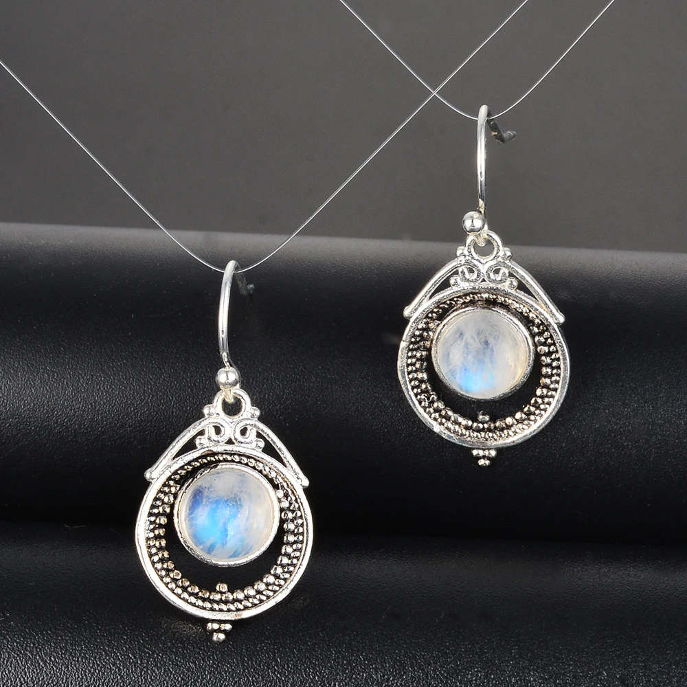 

Charm 7x7MM Round Natural Moonstone Drop Earrings For Women Vintage 925 Sterling Silver Wedding Earrings Fashion Jewelry Gifts