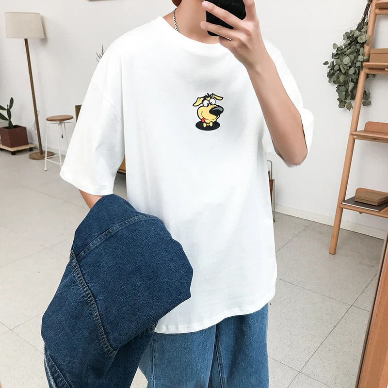 

2019 Spring Summer Men Casual Loose Puppy Cartoon Print Cotton Tee Round Neck Short Sleeve Solid Color T-shirt Plus Size S-3XL