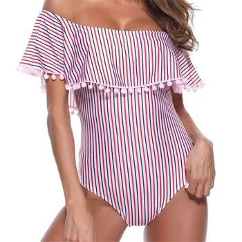 

Trendy Women clothes Bandage Polyester off shoulder Ruffle Tassel Bodysuit sleeveless casual Tops One Pieces